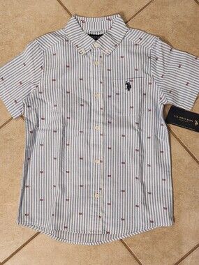 U.S. Polo Assn. Size L (10-12) Boys' Blue Striped Short-Sleeve Button-Down Shirt